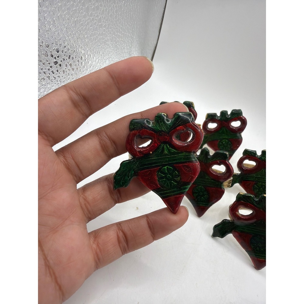 Vintage Christmas Ornament Napkin Rings Set of6 Red Green Enameled Brass Holiday